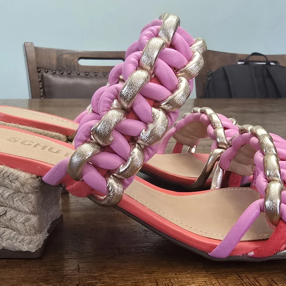 SCHUTZ Pink and Gold Sandals with Braided‎ Straps